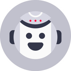 Friendly white robot with dark gray ears and a big smile is inside a gray circle, showing three red dots on its forehead, representing artificial intelligence, technology and innovation