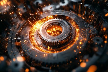 Glowing metal gears spark intensely, intricate mechanism.