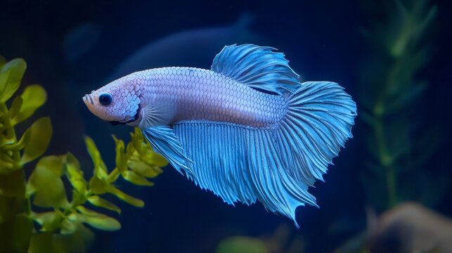 Captivating betta fish with flowing blue fins swimming gracefully in an aquarium, surrounded by vibrant green algae, creating a serene and dynamic underwater scene