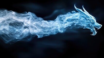 Ethereal blue dragon emerges from glowing mystical smoke on dark background