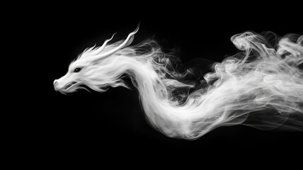 Obraz premium Ethereal white dragon formed from swirling smoke on black background