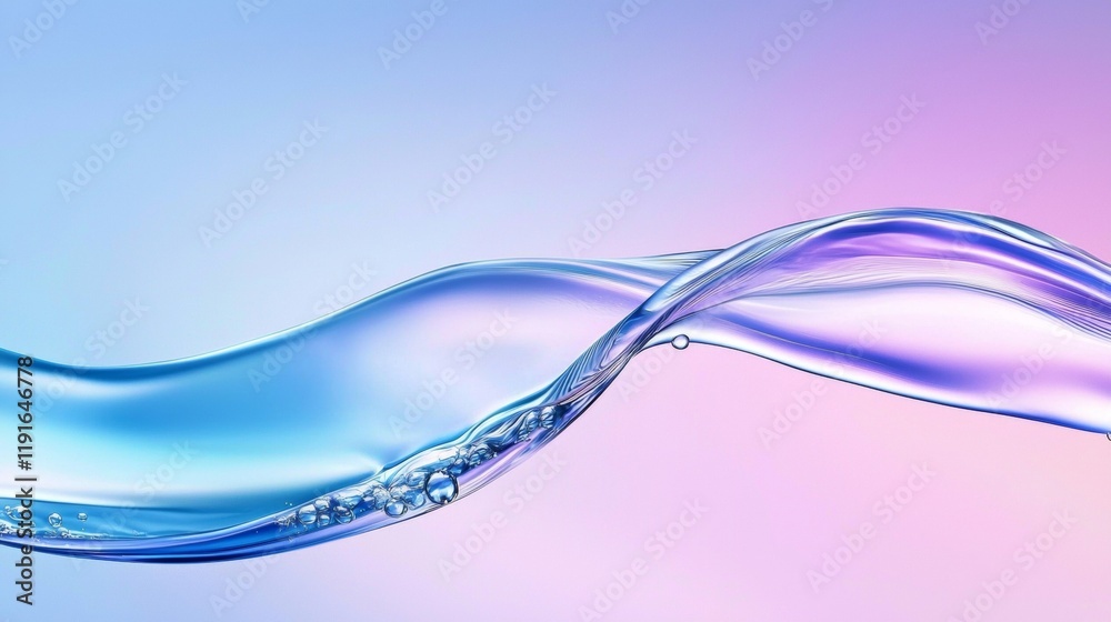 Poster smooth transparent wave splashing with air bubbles on a gradient background changing from light blue