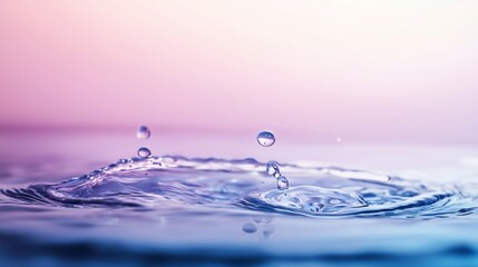 Clean water droplets are creating ripples and splashing on a calming gradient background, from pink to blue, representing purity, freshness, and tranquility