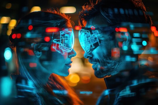 Couples in futuristic visors share a moment amidst neon technology in a vibrant urban setting