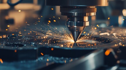 A detailed close-up of a CNC machine carving intricate patterns into metal, with sparks flying in a precision machining workshop, CNC machining scene
