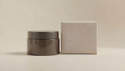 Brown cosmetic jar with packaging box on beige background.