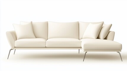 Fototapeta premium Modern off-white sectional sofa with chaise lounge and pillows on white background.