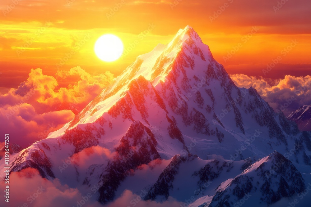 Poster majestic mountain peaks illuminated by the warm glow of sunrise over snow capped summits and vibrant