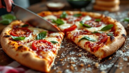 Close-up view of a hand slicing a freshly baked tomato and basil pizza on a wooden surface