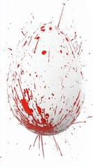 Fototapeta premium Red paint splattering on a white easter egg creating a vibrant and artistic mess against a clean white background, symbolizing a unique and messy celebration