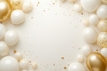 Moldura de bal&otilde;es dourados, brancos e transparentes com detalhes brilhantes, fundo claro e elegante, design decorativo criado com IA generativa