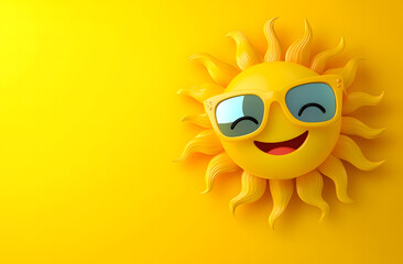 Smiling Sun with Sunglasses on Yellow Background &ndash; Summer and Happiness Concept