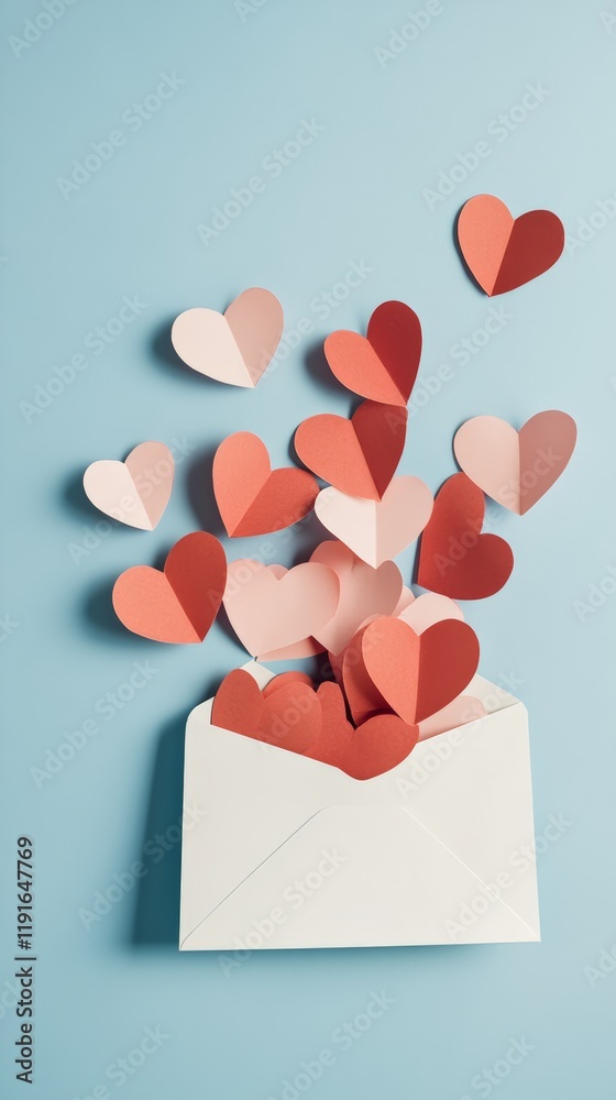 Poster overflowing two tone paper hearts from a white envelope on a light blue surface create a romantic am