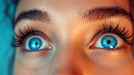 Obraz premium Extreme close-up of bright blue eyes with long lashes under warm and cool studio light, with smooth skin.