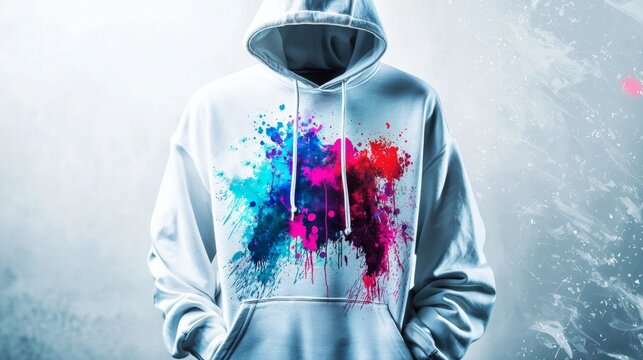 White hoodie featuring vibrant paint splatters in shades of blue, pink, and red, creating an artistic and eye-catching design perfect for casual streetwear and modern fashion