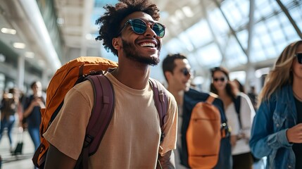 Naklejka premium On a sunny summer day, a group of young professionals with stylish backpacks and sunglasses laugh and chat as they walk through a bustling airport terminal