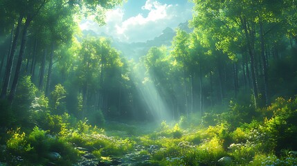 Obraz premium Sunbeams illuminate lush mountain forest stream