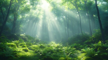 Sunbeams pierce misty forest; lush ferns, tranquil scene; nature background