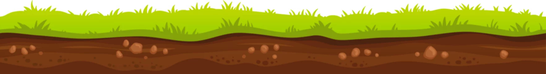 Gordijnen Seamless cartoon soil and grass with rocks, ground surface with stones, underground layers, earth texture, nature background, vector illustration © Tartila