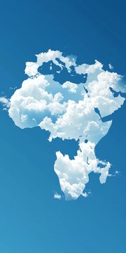 White clouds forming the emea (europe, middle east, and africa) map against a vibrant blue sky, symbolizing global connections, climate change, and environmental awareness