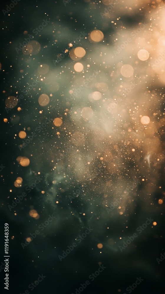 Poster golden particles and beautiful bokeh effect floating on a dark green background creating a magical a
