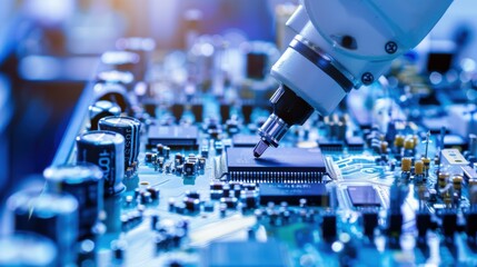 A detailed close-up of a robotic arm assembling circuit boards in a high-tech electronics factory, Electronics assembly scene, Automated technology style