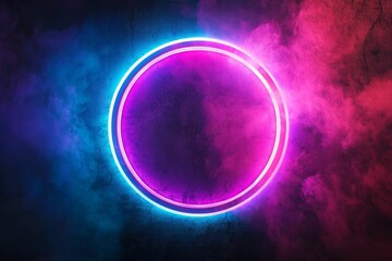 Glowing neon circle, vibrant colors, smoky background.