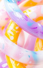 Intertwined plastic bracelets in various pastel colors create a cheerful and playful image, showcasing a mix of pink, purple, yellow, and blue hues with white accents