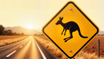 Kangaroo crossing warning sign on remote road in rural landscape