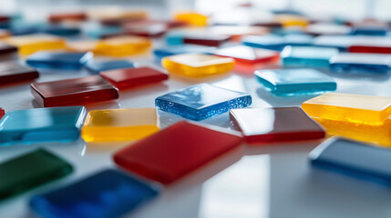 An assortment of glass mosaic tiles in vibrant shades of blue, red, yellow, and green, scattered across a crisp white table, glimmering as light bounces off their polished edges.