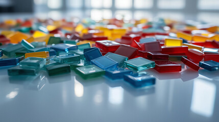 Obraz premium An assortment of glass mosaic tiles in vibrant shades of blue, red, yellow, and green, scattered across a crisp white table, glimmering as light bounces off their polished edges.