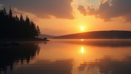 Naklejka premium Evening Glow. Sunset over tranquil lake with pine forest and mist calm