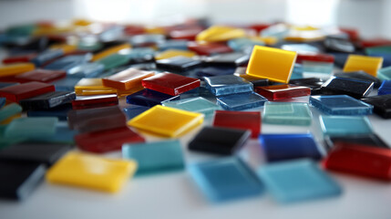 Obraz premium An assortment of glass mosaic tiles in vibrant shades of blue, red, yellow, and green, scattered across a crisp white table, glimmering as light bounces off their polished edges.
