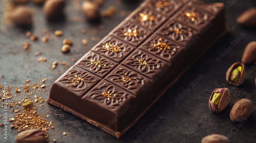 Poster pistachio filled chocolate bar adorned with arabesque patterns and golden embellishments. generative