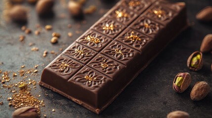 Pistachio filled chocolate bar adorned with arabesque patterns and golden embellishments....