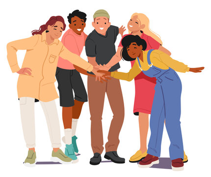 Group of diverse multiethnic happy friends stacking hands together showcasing unity and friendship