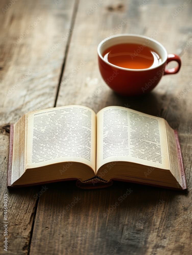 Leinwandbilder Cozy setting with open book and cup of tea on wooden table inviting relaxation and reflection. Generative AI