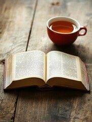 Naklejka premium Cozy setting with open book and cup of tea on wooden table inviting relaxation and reflection. Generative AI