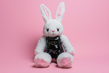 Fototapeta premium Soft plush bunny-girl toy dressed in shiny black outfit on a pink backdrop