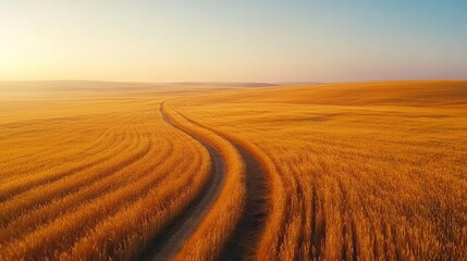 Obraz premium Winding dirt path cutting through an expansive golden wheat field that stretches out towards the distant horizon under a bright clear summer sky The peaceful