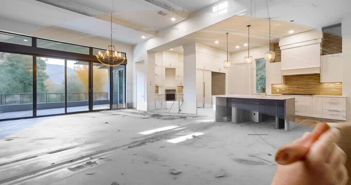 Before and After of Painter Brushing to Reveal Completed Custom Kitchen Under Unfinished Construction. Generative AI Kitchen Images Used.