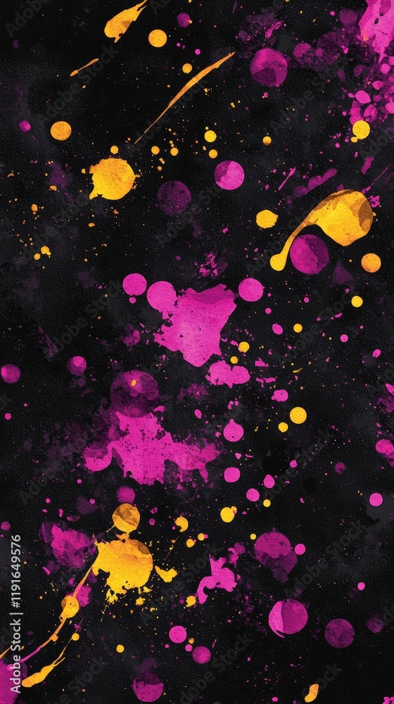 Poster pink and yellow paint splattering on a black background creating an abstract design with a textured 