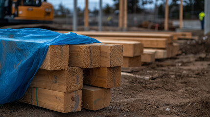 Bundles of freshly cut wooden beams, partially concealed under a blue tarp, resting on the dirt ground of a bustling outdoor construction site, surrounded by tools and equipment.