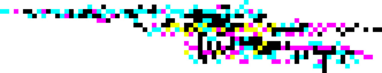 Cyan, magenta, yellow and black pixels scattered on a white background, creating a vibrant and dynamic digital pattern, ideal for technology, art, and design projects