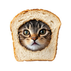 Cat's face peeking through a slice of bread creates a humorous and whimsical scene indoors