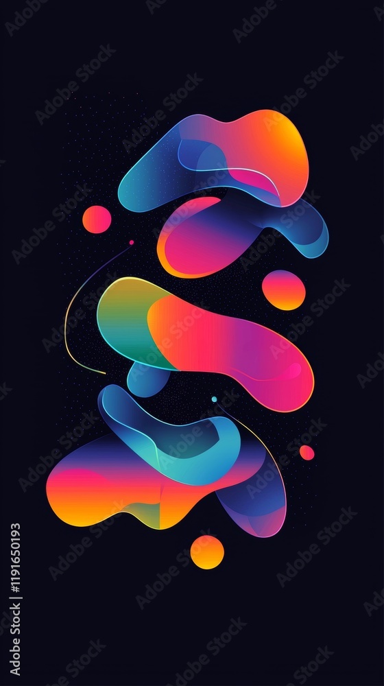 Poster colorful abstract shapes with vibrant gradient colors float against a dark background filled with sm
