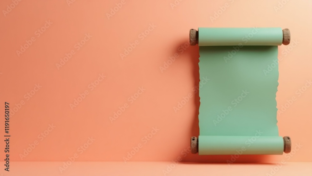 Poster sage green philosopher's scroll on right. soft blue background. copy space for text, 3d render ai ge