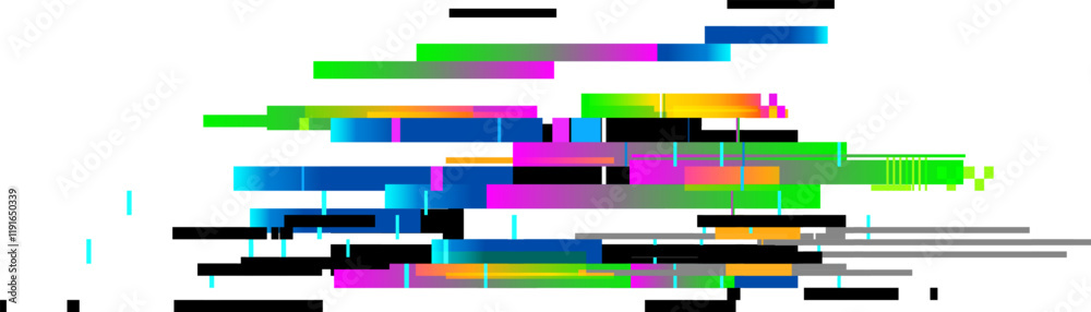 Fototapete digital distortion generating a glitch effect with colorful horizontal lines and pixelated squares, 