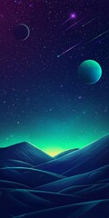Shooting stars streaking across a starry sky illuminate a surreal alien landscape filled with vibrant turquoise and purple hues, featuring two distant planets in the cosmos