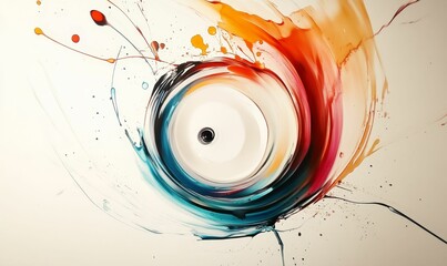 Abstract swirl painting; vibrant colors; central disc.